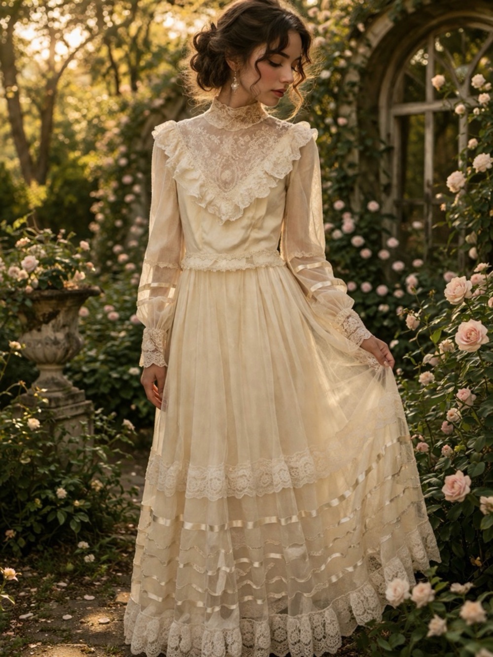 Cream Lace Ruffled Maxi Dress size small